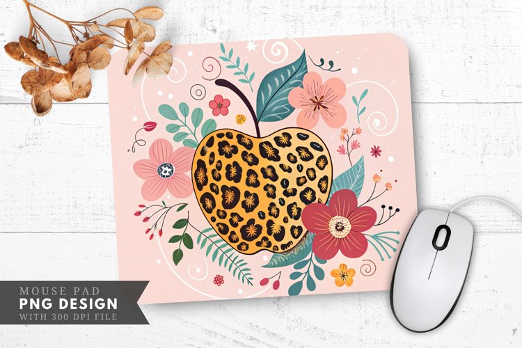 Trendy Leopard Apple with Floral Artistry Mouse Pad PNG