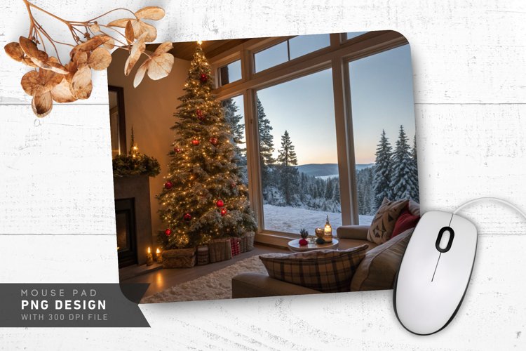 Cozy Christmas Living Room with Snowy Mouse Pad PNG Design
