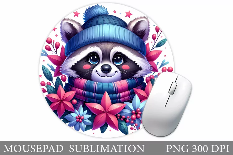 Cute Raccoon Mouse Pad. Christmas Mouse Pad Design