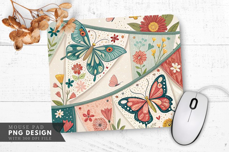 Butterfly and Floral Bunting Mouse Pad PNG Design