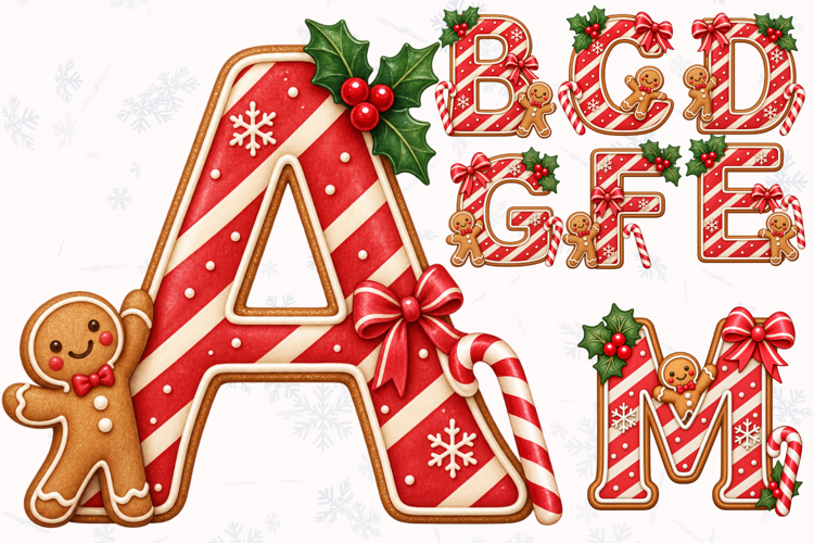 Christmas Gingerbread Candy Cane Alphabet Holly Letters PNG