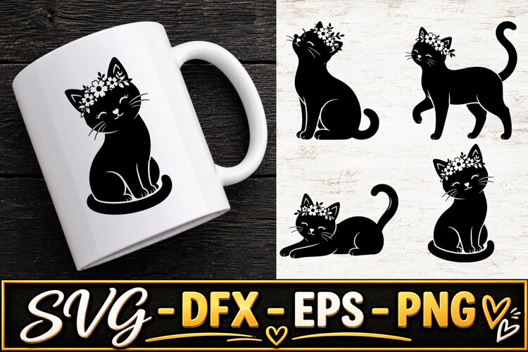 Floral Black Cat Cute Kitty Animal SVG PNG example image 1