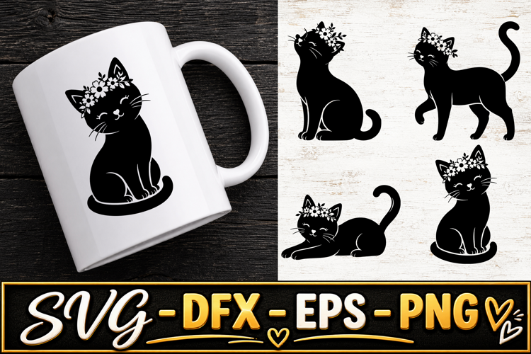 Floral Black Cat Cute Kitty Animal SVG PNG