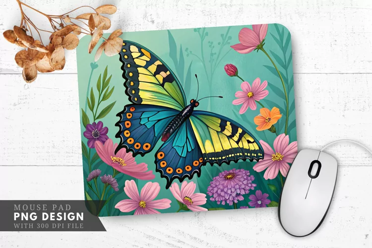 Vibrant Butterfly with Flowers Mouse Pad PNG Design