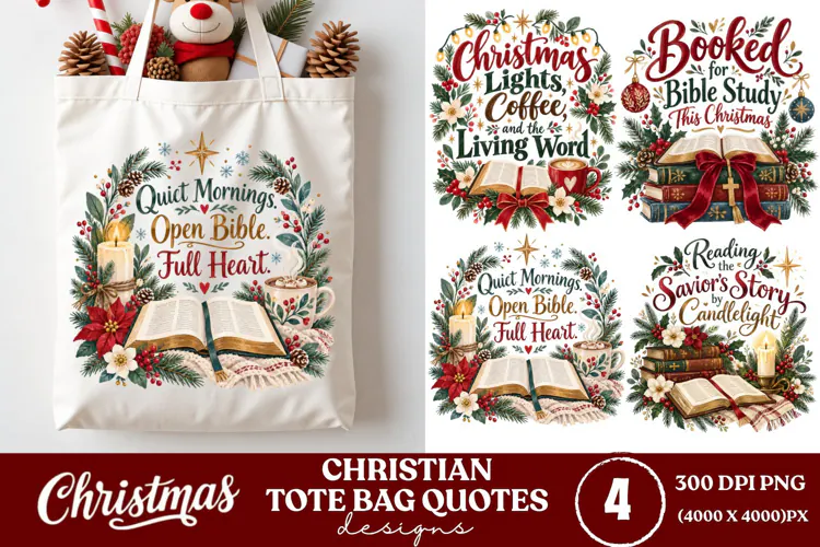 4 Christian Christmas Tote Bag PNGs, 4 Bible Lover Christmas
