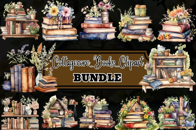 Watercolor Cottagecore Books Clipart