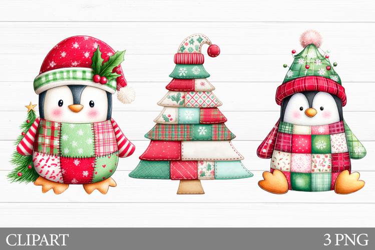 Christmas Penguin Clipart. Patchwork Christmas Clipart