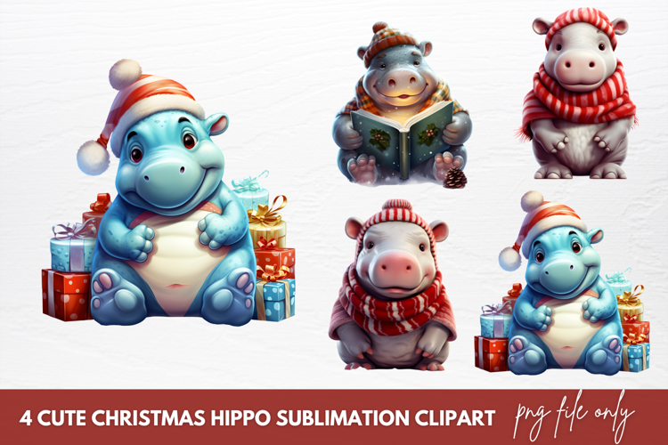Cute Christmas Hippo Sublimation Clipart