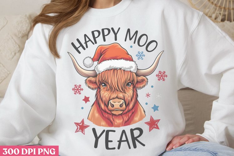 Happy Moo Year PNG, Highland Cow Sublimation PNG