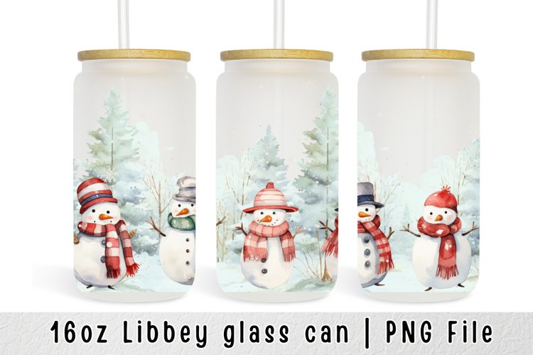 Christmas Snowman Libbey glass can, 16oz glass can wrap