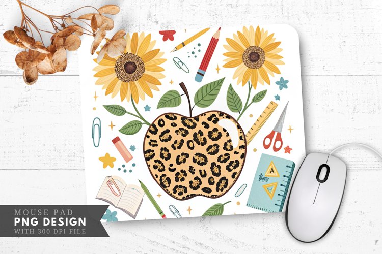 Whimsical Leopard Apple Sunflowers School Tools Mouse Pad