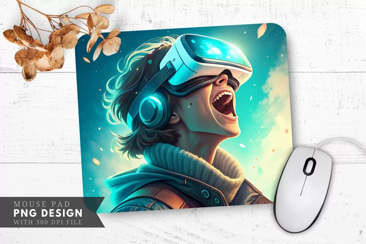 Enthusiastic VR Character with Glowing Lenses Mouse Pad PNG