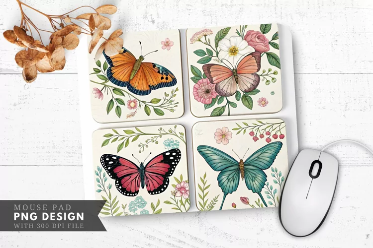 Butterfly and Floral Coasters Mouse Pad PNG Design