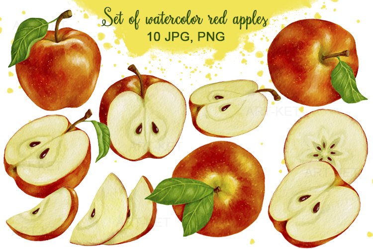 Set of watercolor juicy red apples example image 1