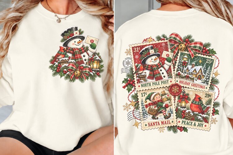 Christmas Postage Front Back PNG, Snowman Postcard Front Bac example image 1