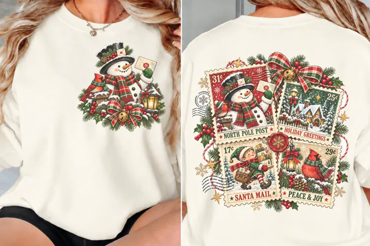 Christmas Postage Front Back PNG, Snowman Postcard Front Bac