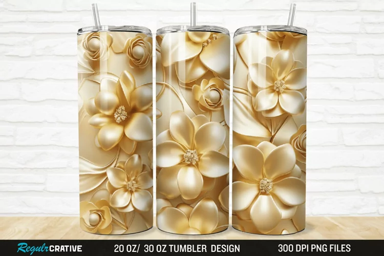 3D Pearl Gold Flower 20/30oz Skinny Tumbler