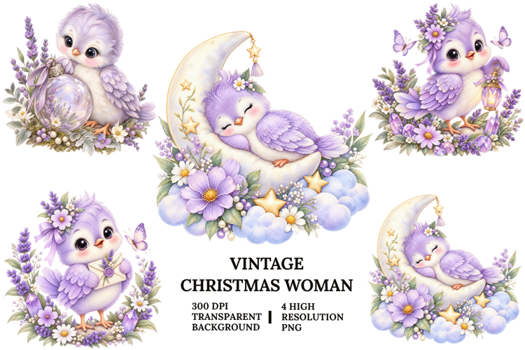 Purple Bird Fairy Mushroom Cottage Watercolor PNG