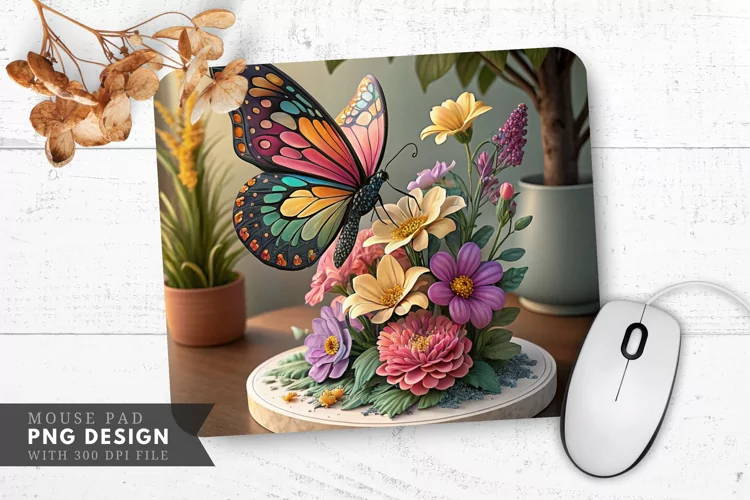 Butterfly and Floral Elegance Sculpture Mouse Pad PNG Design