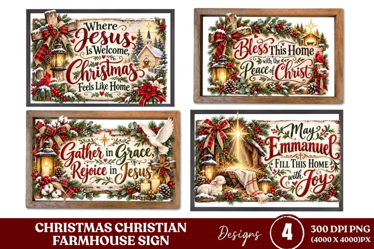 4 Christian Christmas Farmhouse Sign PNGs, 4 Rustic Christma
