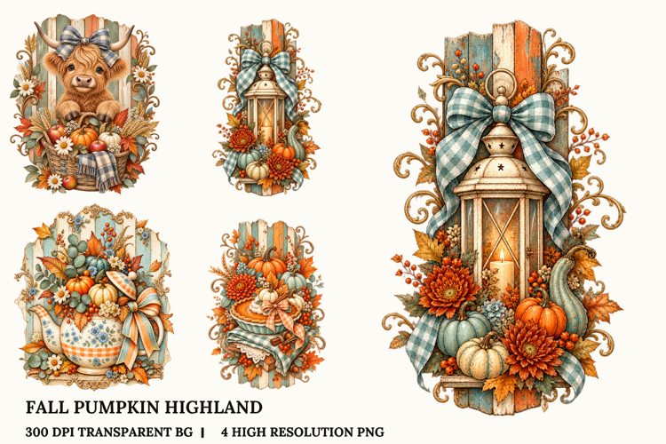 Highland Cow Pumpkin Watercolor Autumn Farmhouse Floral PNG