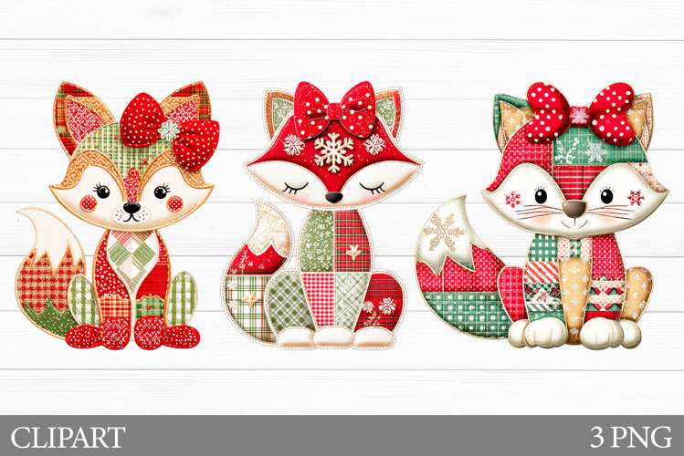 Christmas Fox Clipart. Patchwork Christmas Clipart