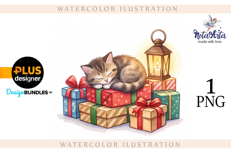 Christmas Kitten in Watercolor Style