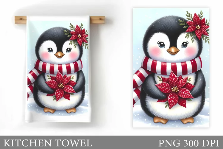 Cute Penguin Kitchen Towel. Christmas Penguin Kitchen Towel