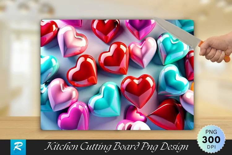 3D Colorful Heart Cutting Board Sublimation Design