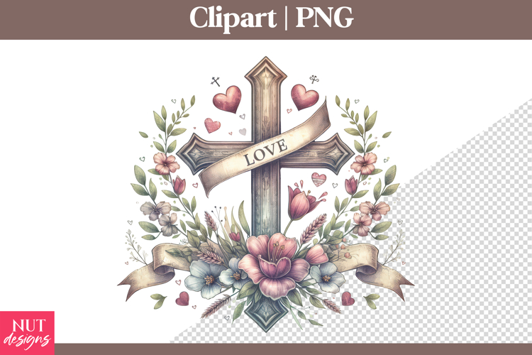 Christian clipart Heart Cross Floral Sublimation PNG