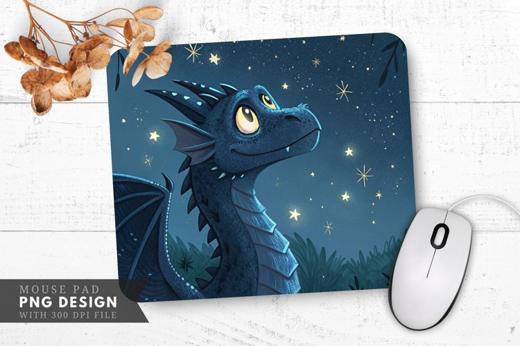 Curious Night Dragon Among Stars Mouse Pad PNG Design