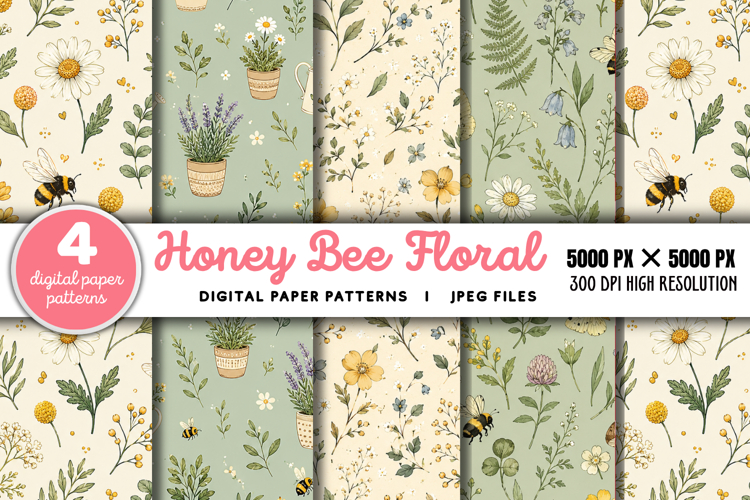 Honey Bee Floral Seamless Digital Paper JPG example image 1