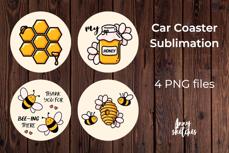 4 Cute Yellow Honey Bee Car Coaster Sublimation Design PNG