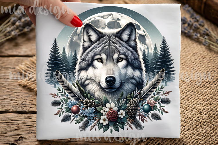 Boho Wolf Full Moon PNG, Mystic Botanical Sublimation Design