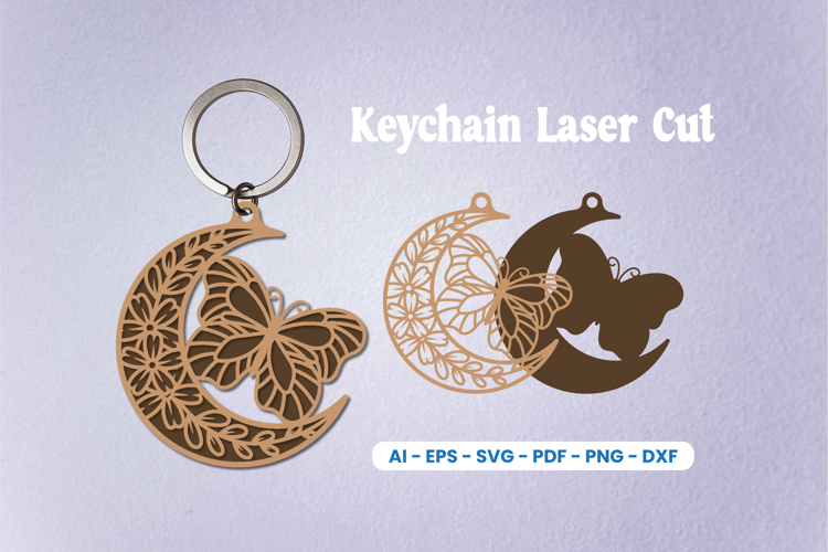 Floral Butterfly Moon Keychain SVG - Crescent Moon Laser Cut