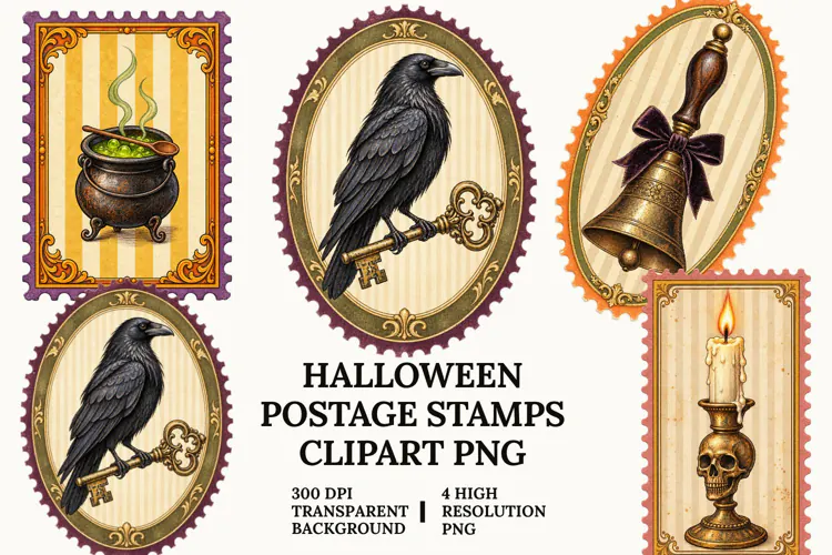 Halloween Postage Stamp PNG Vintage Clipart Sublimation Art
