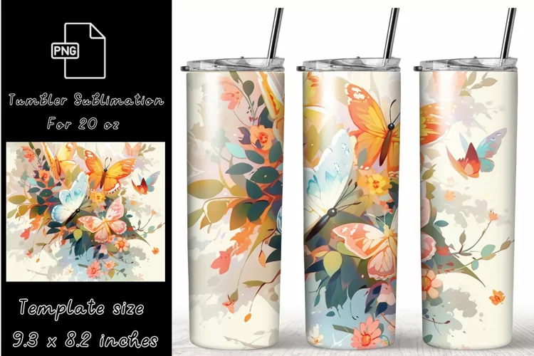 20 oz Skinny tumbler wrap butterfly flowers, floral tumbler