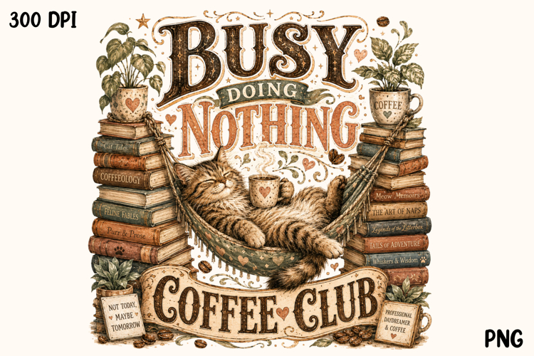 Busy Doing Nothing Coffee Club Cat Lover Vintage PNG