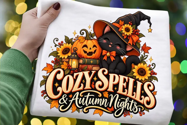 Cozy Spells Autumn Cat PNG, Cute Black Witch Cat with