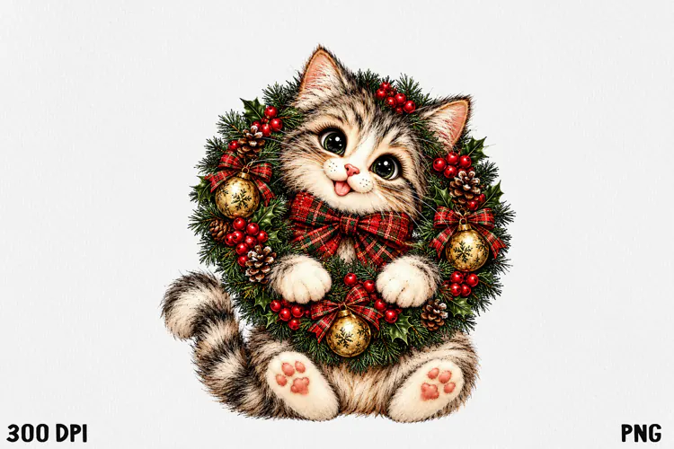 Cute Christmas Cat Clipart PNG | Whimsical Holiday Kitty