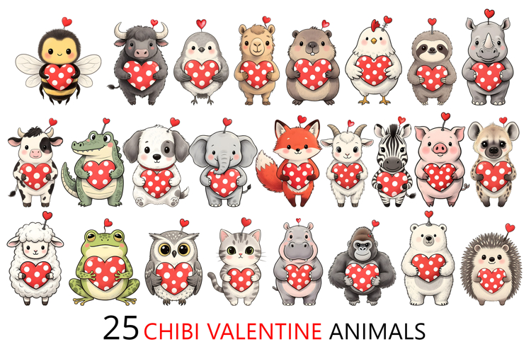 25 Chibi Valentine Animals Clipart Bundle