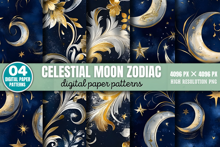 Celestial Moon Zodiac Digital Paper Background PNG