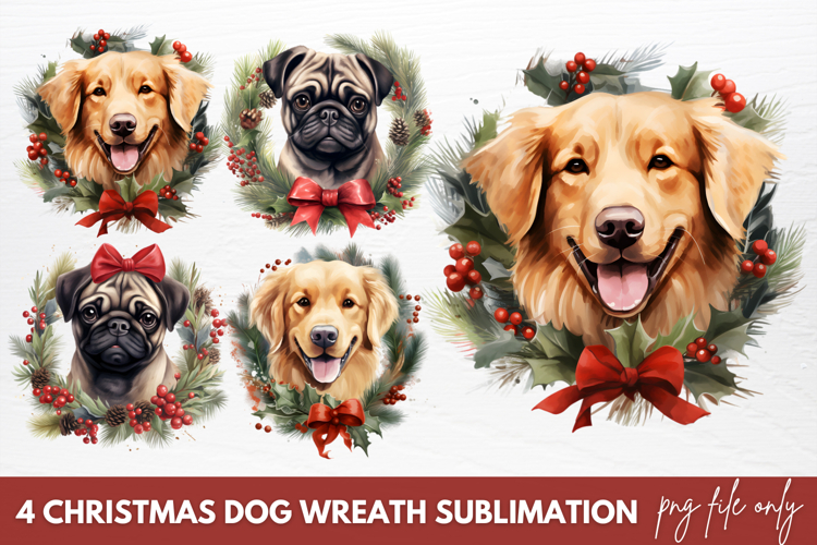 Christmas Dog Wreath Sublimation Clipart