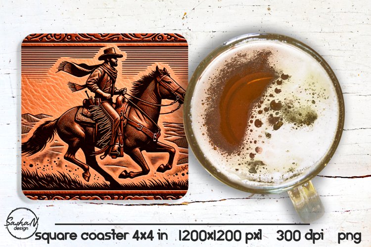 Cowboy tooled leather square coaster designs example image 1