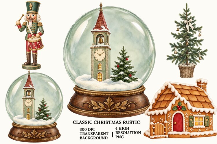 Classic Christmas PNG, Santa Rocking Horse Rustic Winter Art example image 1