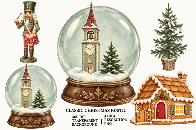 Classic Christmas PNG, Santa Rocking Horse Rustic Winter Art