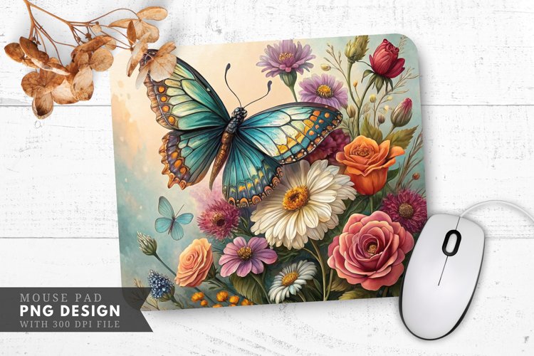Whimsical Butterflies and Blooms Mouse Pad PNG Design