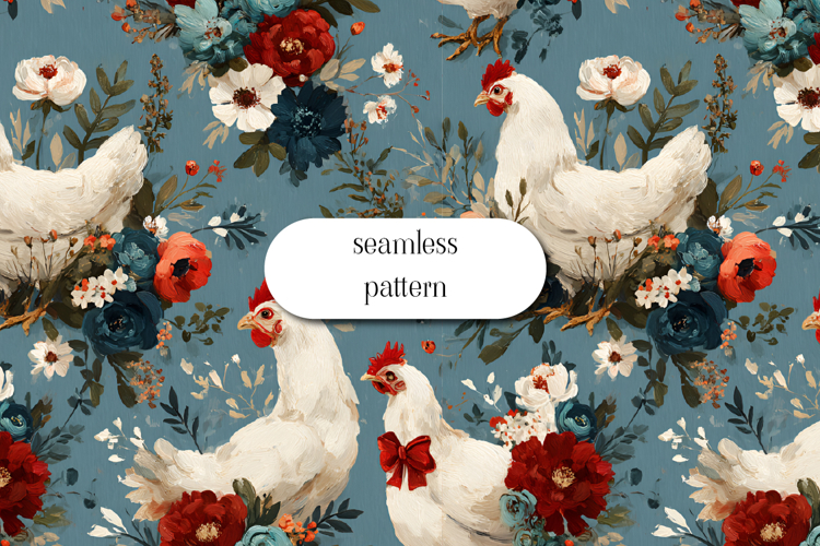 Floral Chicken Seamless Pattern, Farmhouse Cottagecore