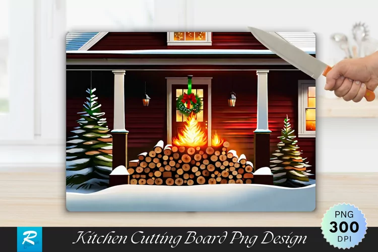 A pile of firewood stacked under a farmhouse Cutting Board