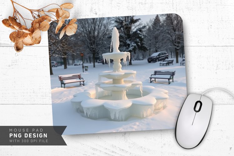 Snowy Park with Frozen Fountain Mouse Pad PNG